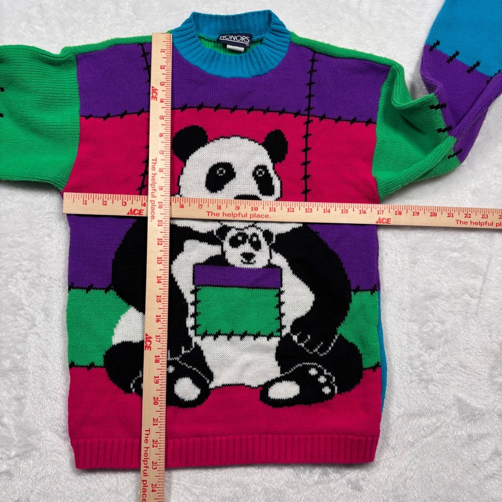 VTG 80s 90s Honors Patchwork Panda Sweater Women XS Colorblock Kidcore USA RARE - Picture 6 of 9
